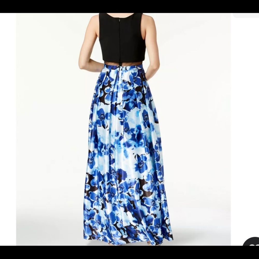 Betsy and Adam Solid and Blue Floral Print Illusion Full Length Gown Size 10 - Picture 2 of 11